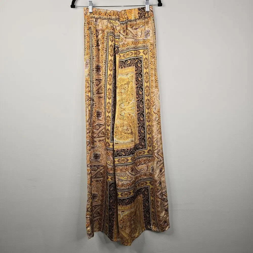 Fashion Nova Pants Womens Small Gold Satin Paisley Wide Leg Belted Boho Dressy - Picture 3 of 10